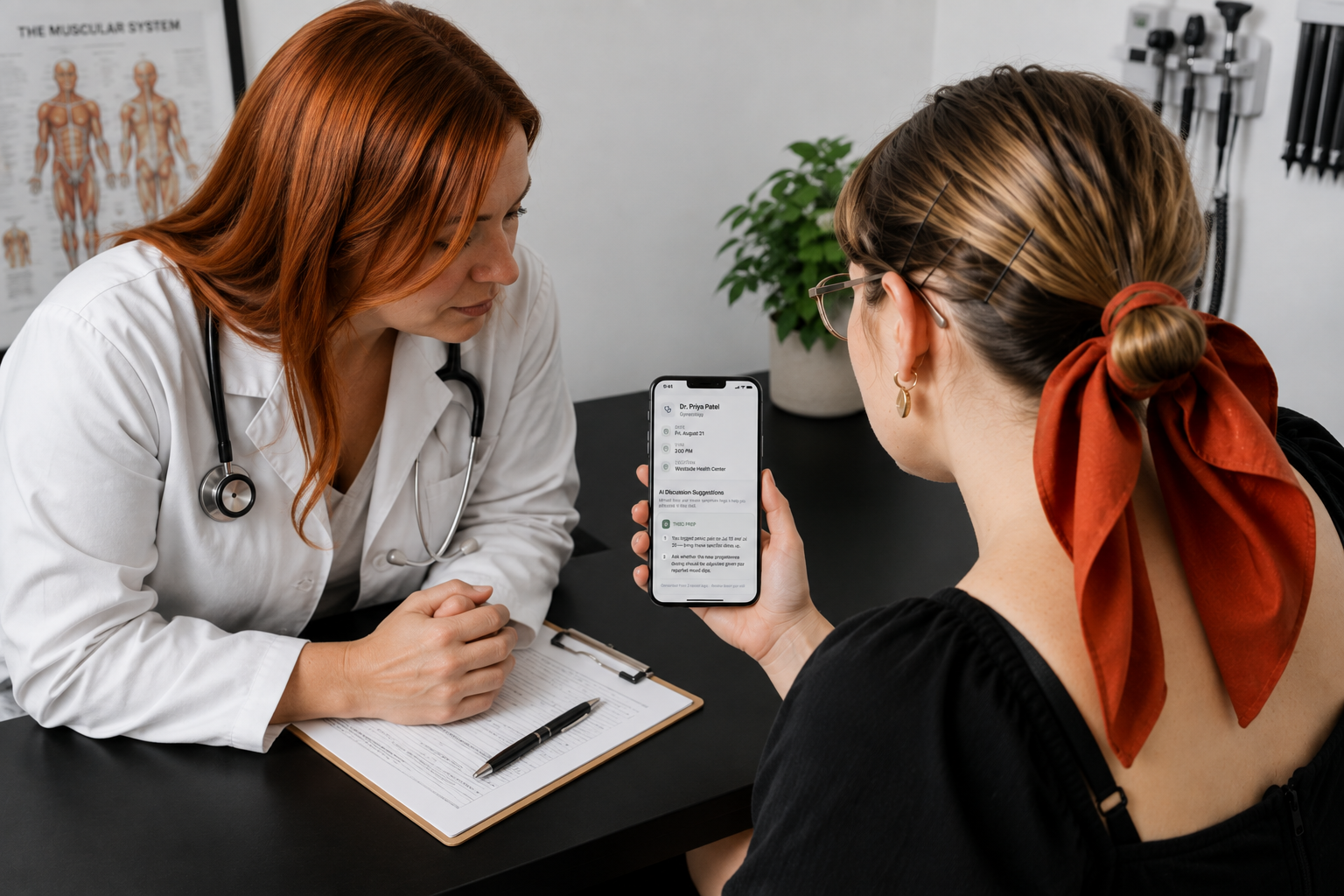Patient showing her prepared Tholi notes to a doctor during an appointment