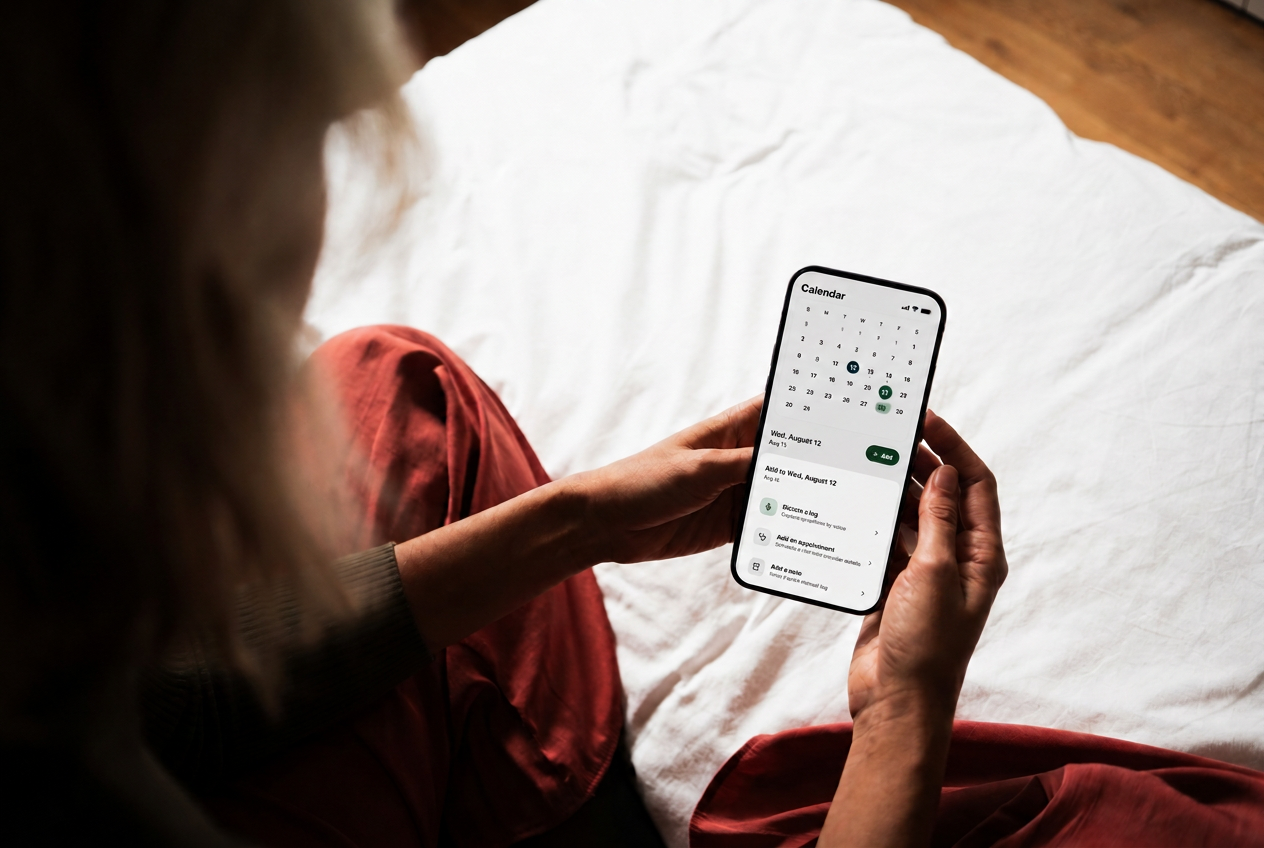Woman in bed using the Tholi Health calendar to add a symptom note, appointment, or voice log